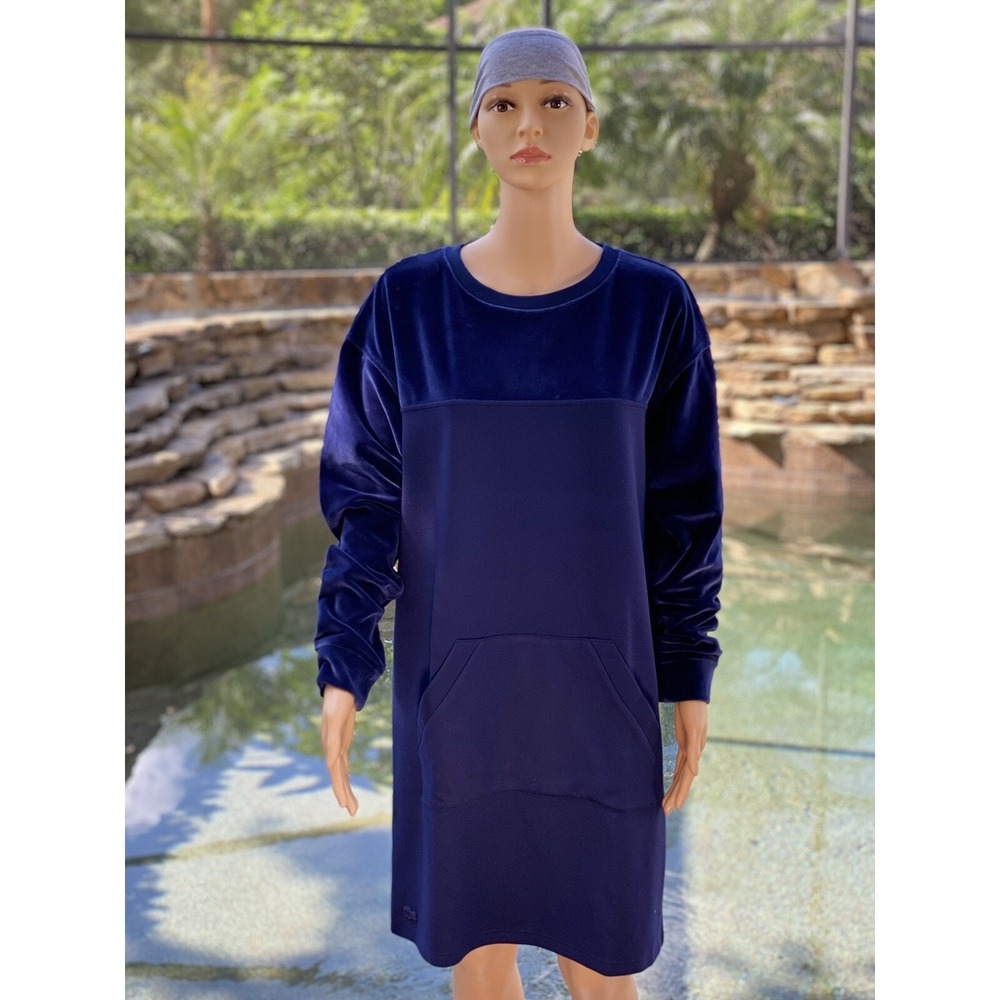 Lacoste Blue Velour Cotton Dress Size 8 Women's Midi Sweater Dress New Tags